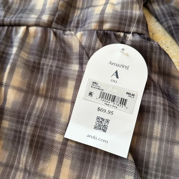 NWT Arula Altar’d State Black Beige Plaid Mesh Flutter Sleeve Dress 1X - Picture 4 of 8